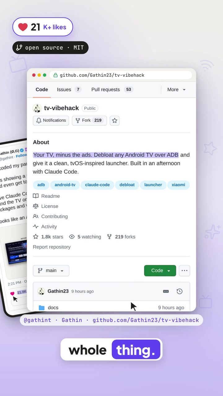 GitHub repository page for Gathin23/tv-vibehack, open source under the MIT licence GitHub repository page for Gathin23/tv-vibehack, open source under the MIT licence