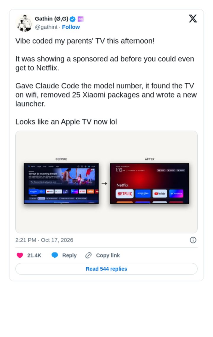 Tweet by @gathint: Vibe coded my parents TV this afternoon, with before and after photos Tweet by @gathint: Vibe coded my parents TV this afternoon, with before and after photos
