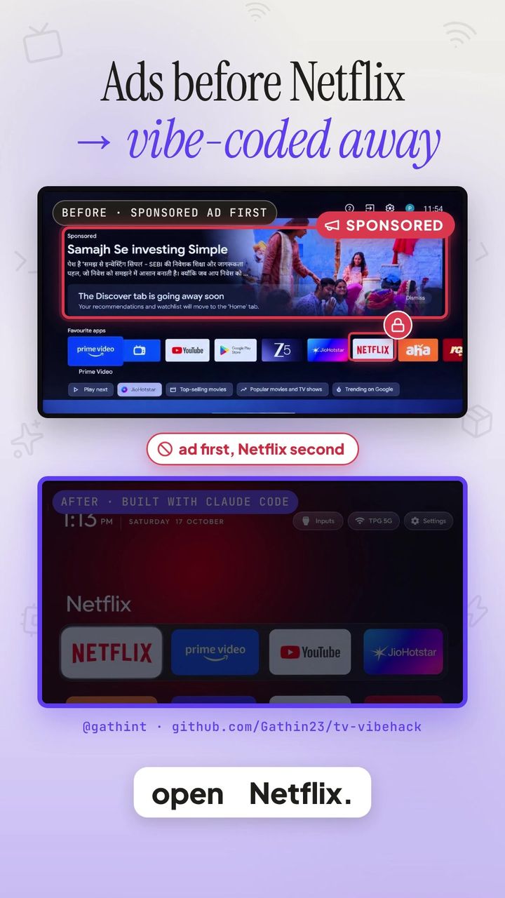 Graphic showing a sponsored ad shown before Netflix on an Android TV, replaced by a launcher built with Claude Code Graphic showing a sponsored ad shown before Netflix on an Android TV, replaced by a launcher built with Claude Code