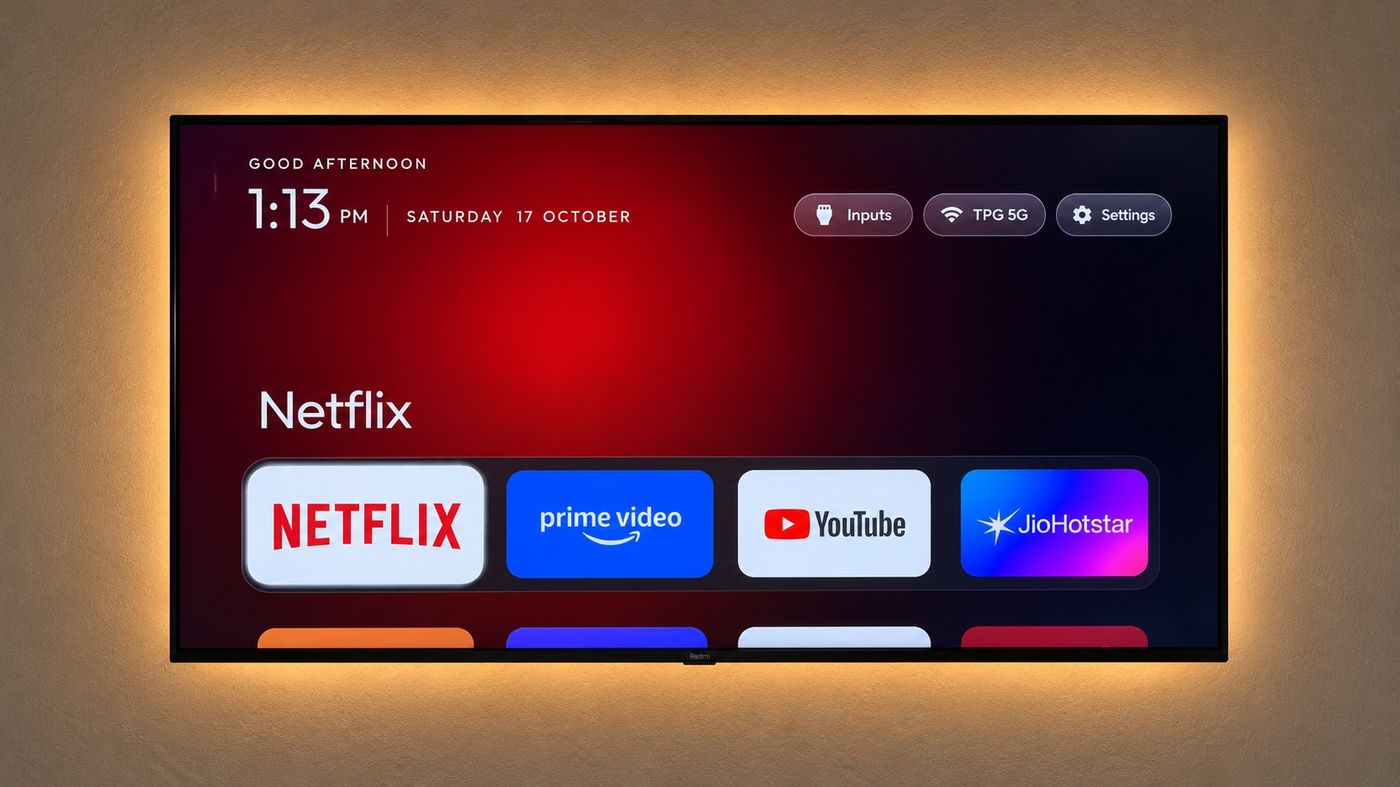 Wall-mounted TV showing the new cleanyourtv launcher with Netflix, Prime Video, YouTube and JioHotstar in the dock Wall-mounted TV showing the new cleanyourtv launcher with Netflix, Prime Video, YouTube and JioHotstar in the dock