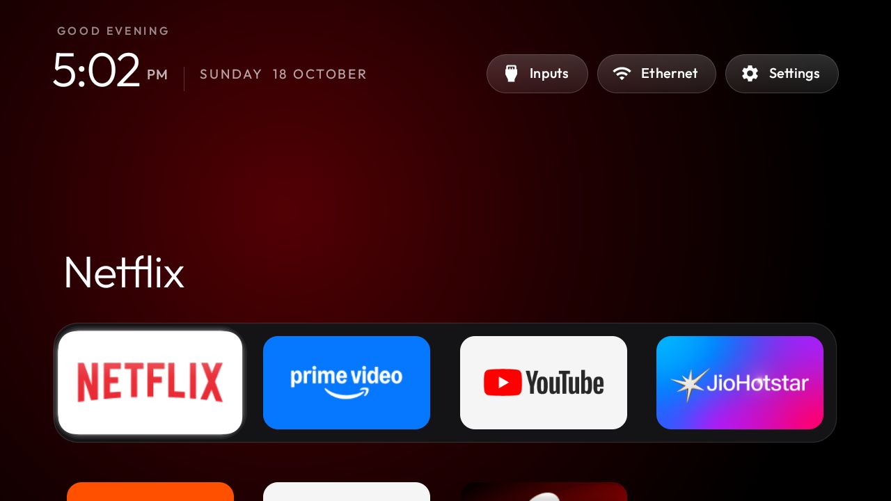 cleanyourtv launcher home screen with Netflix focused and a red ambient glow cleanyourtv launcher home screen with Netflix focused and a red ambient glow