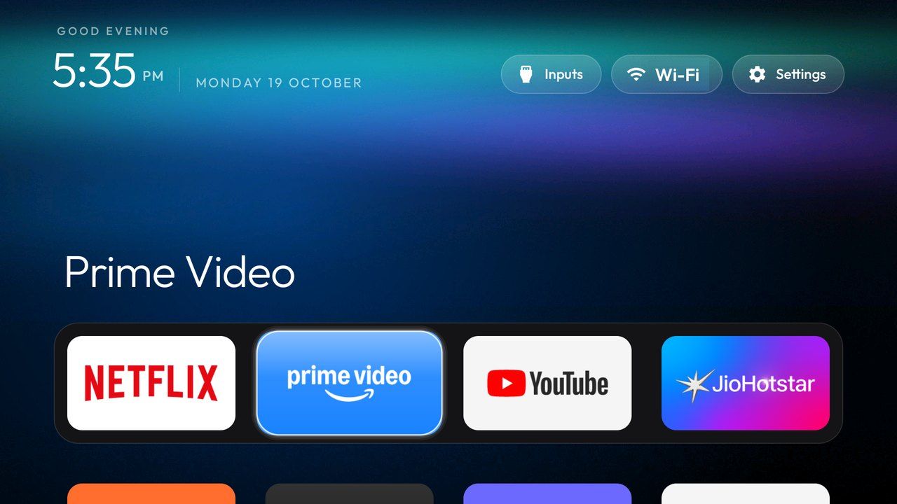 cleanyourtv launcher with Prime Video focused and a blue ambient glow cleanyourtv launcher with Prime Video focused and a blue ambient glow