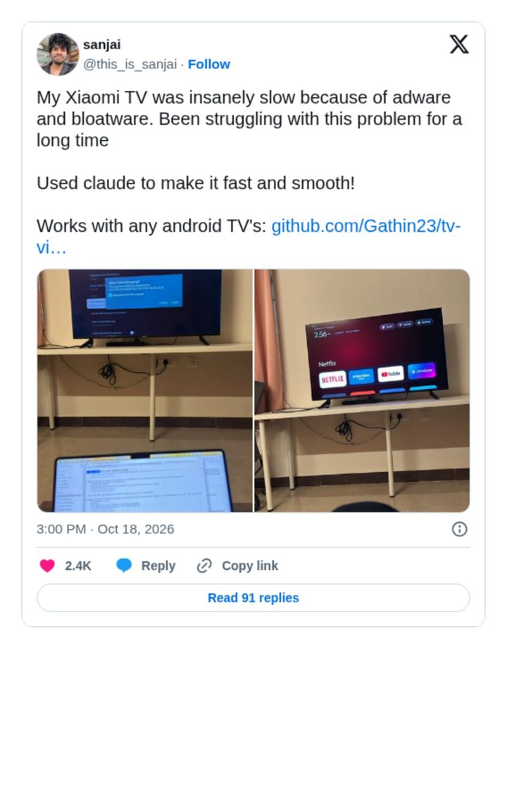 Tweet by @this_is_sanjai showing a Xiaomi TV made fast with Claude and the new launcher Tweet by @this_is_sanjai showing a Xiaomi TV made fast with Claude and the new launcher