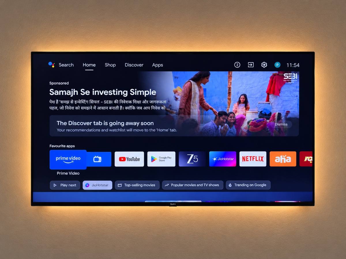 Xiaomi Android TV home screen showing a sponsored banner above the favourite apps row Xiaomi Android TV home screen showing a sponsored banner above the favourite apps row
