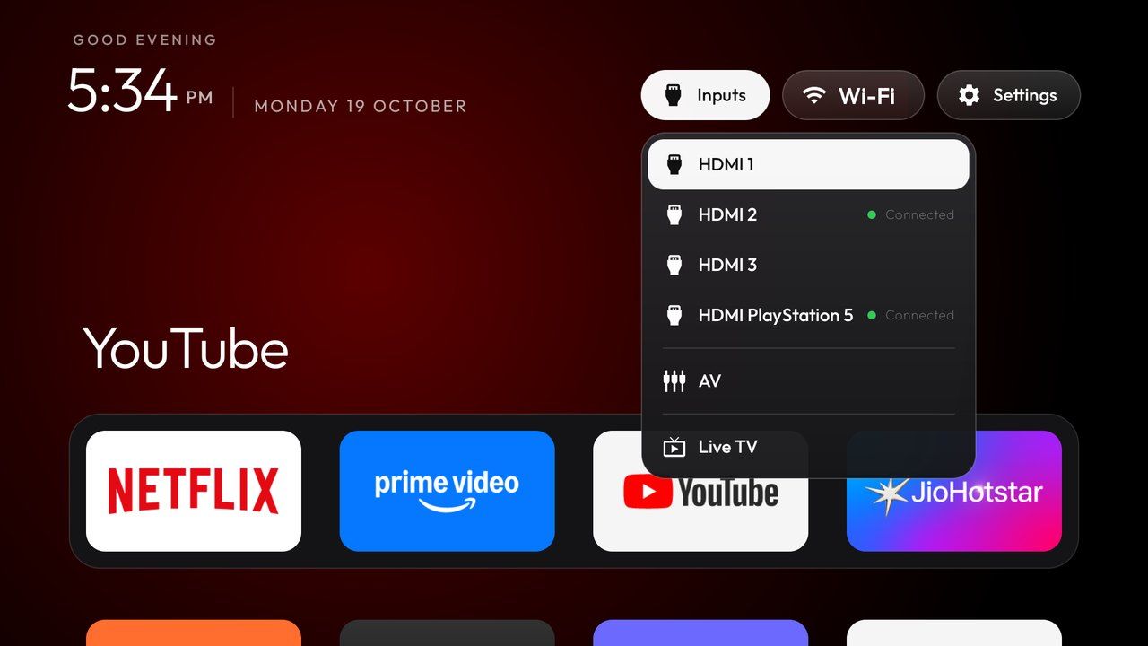 Inputs menu on the cleanyourtv launcher listing HDMI ports, AV and Live TV Inputs menu on the cleanyourtv launcher listing HDMI ports, AV and Live TV