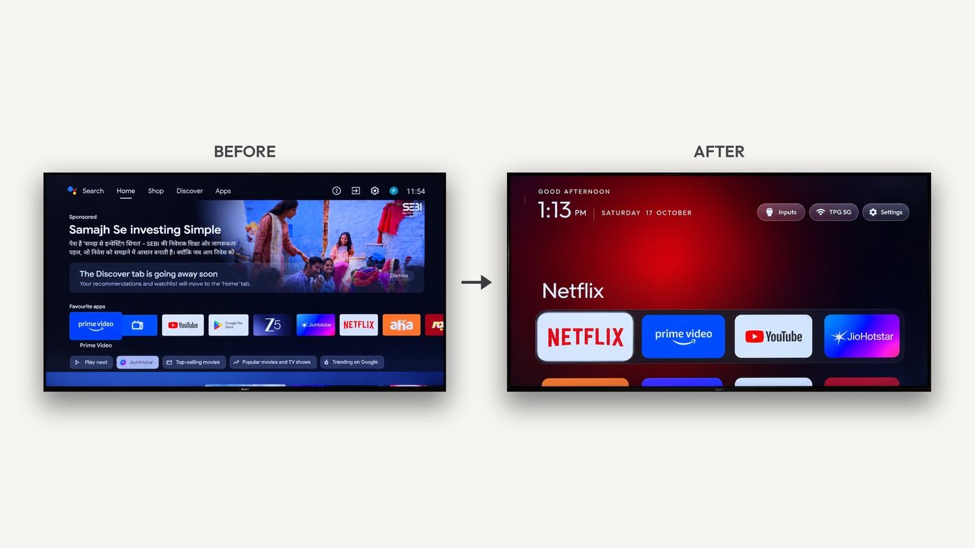 Before and after comparison of an Android TV home screen with ads and the clean Apple TV-style cleanyourtv launcher Before and after comparison of an Android TV home screen with ads and the clean Apple TV-style cleanyourtv launcher