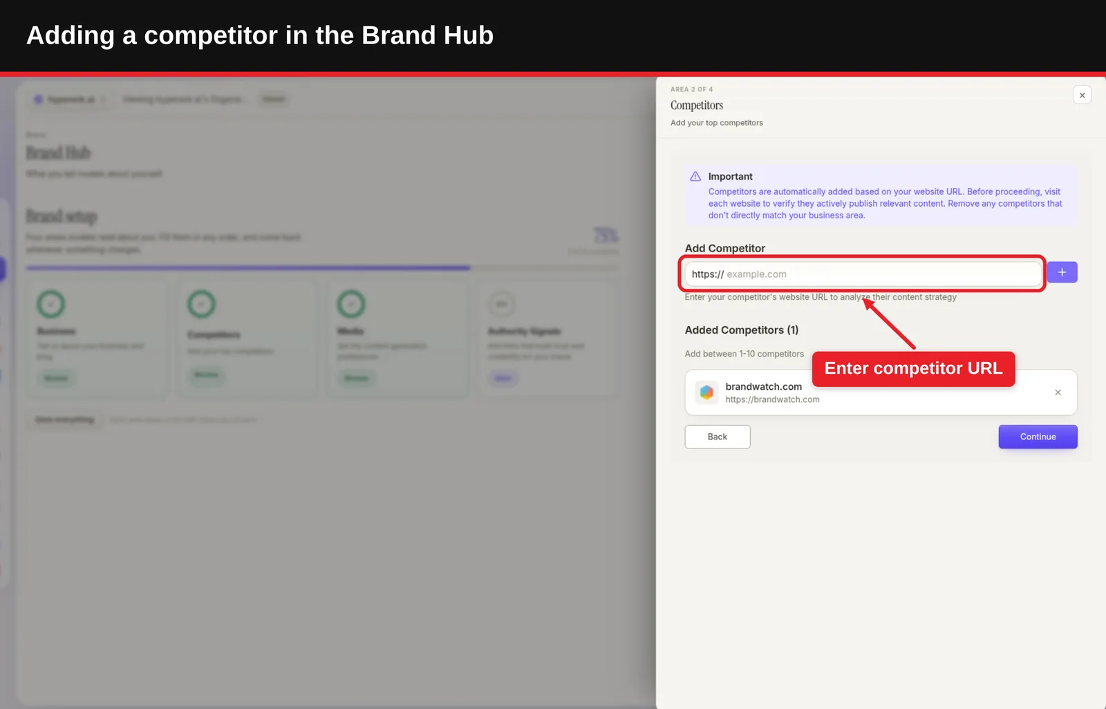 Competitors panel with Add Competitor URL field and existing competitor listed