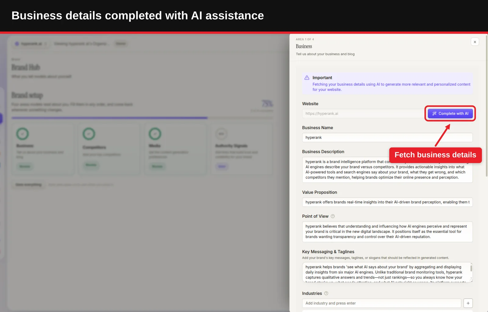 Business panel showing website, name, and description fields with Complete with AI button