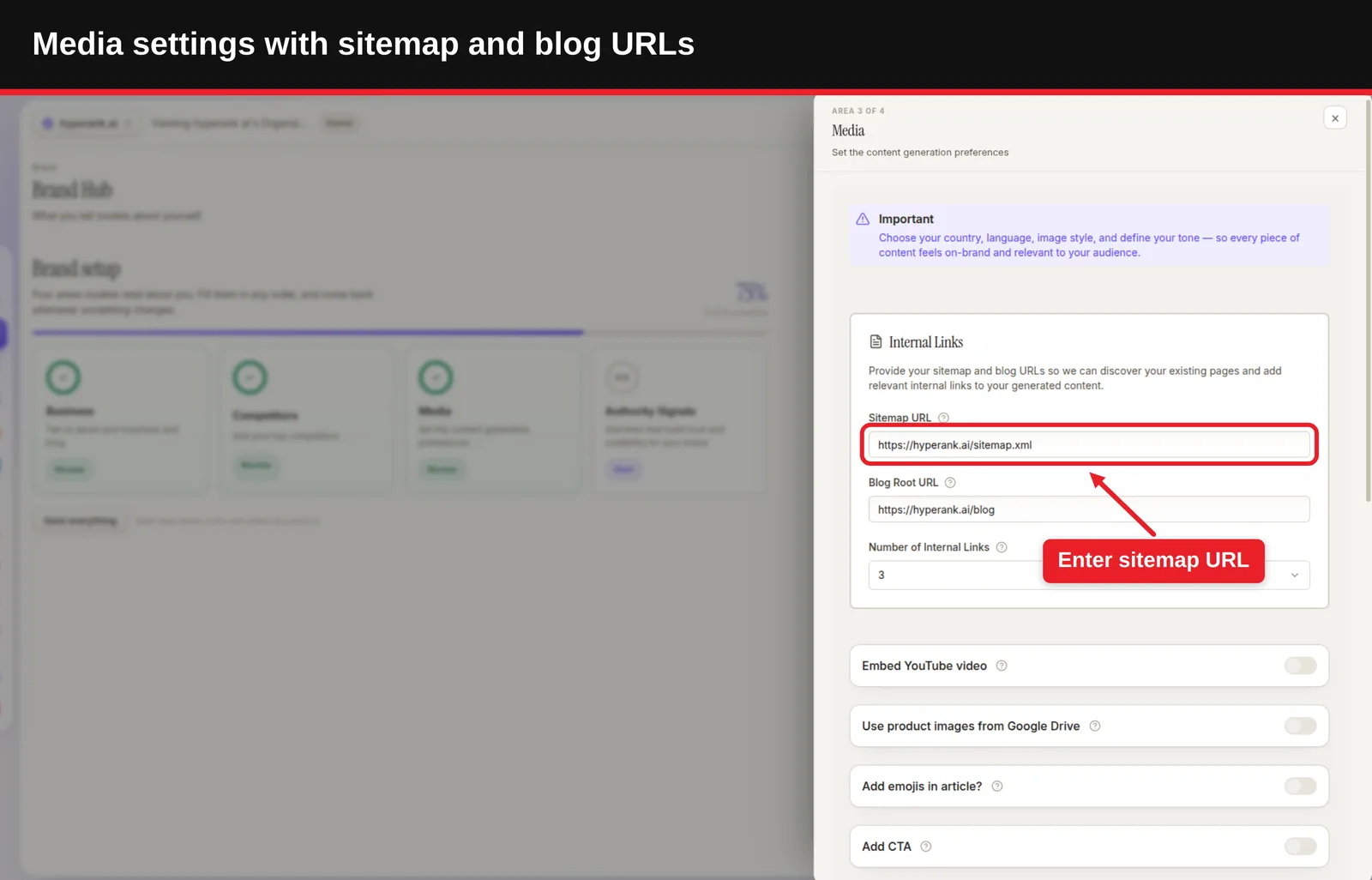 Media settings panel showing sitemap and blog URL fields and internal link options