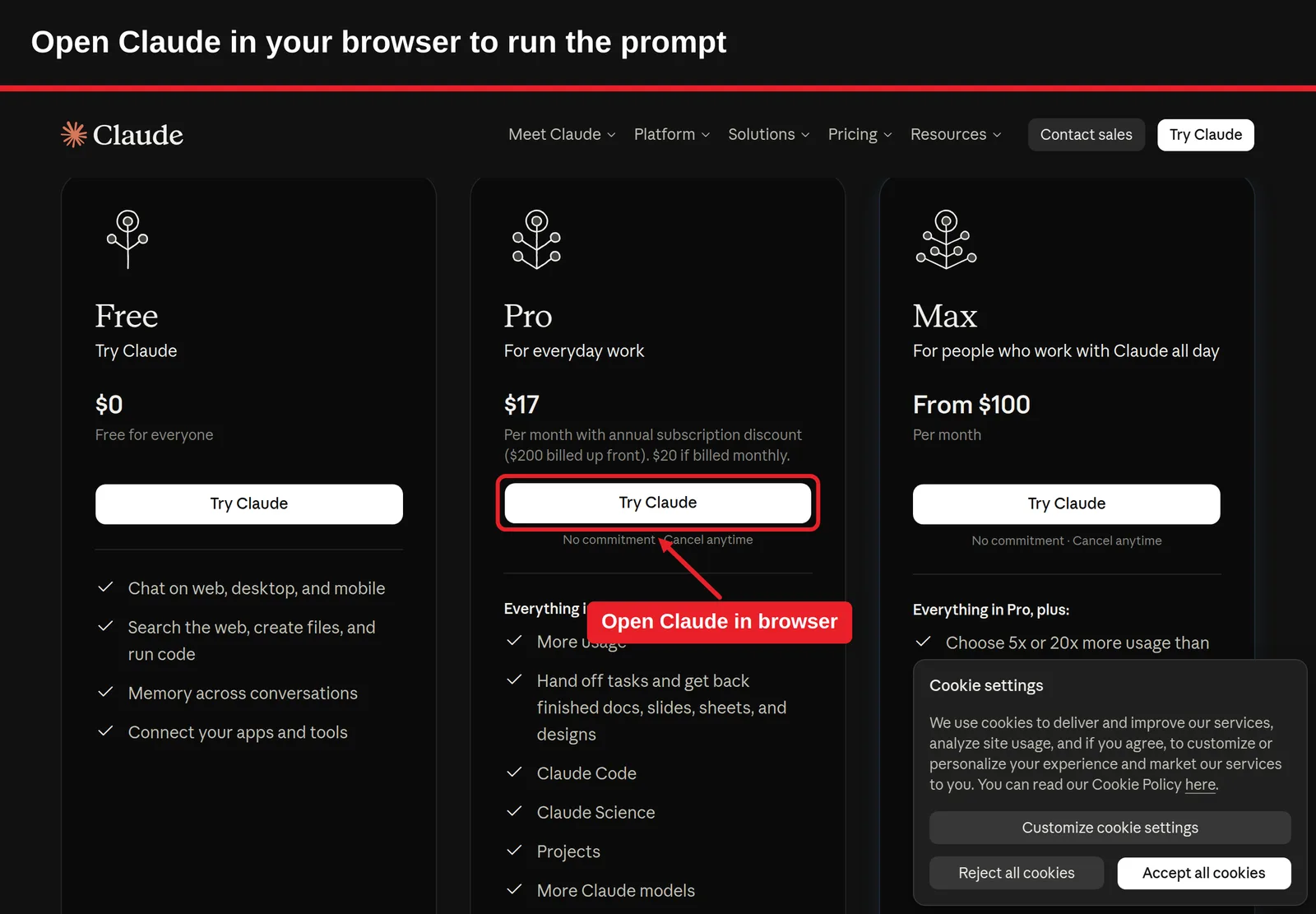 Claude AI homepage with the Try Claude button highlighted