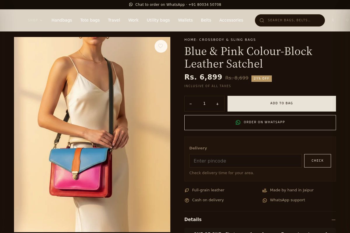 8. Blue & Pink Colour-Block Leather Satchel: Best One-of-One Bag Under ₹7,000