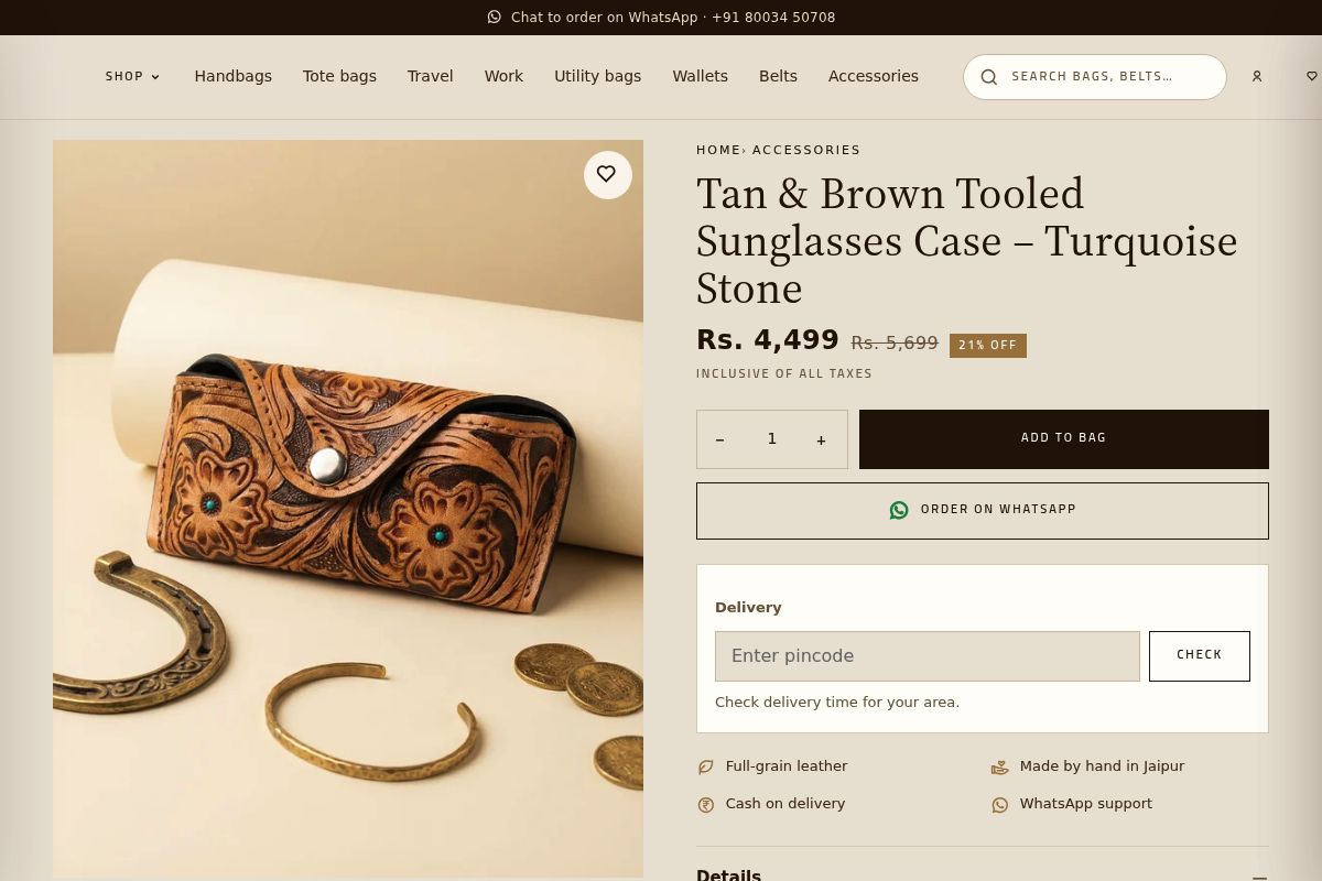 9. Tan & Brown Tooled Sunglasses Case – Turquoise Stone: Best Safe Gift for the Brother-in-Law